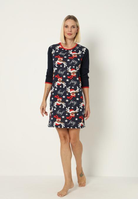 Camasa de noapte Craciun,imprimeu reni,culoare bleumarin ,En-gros